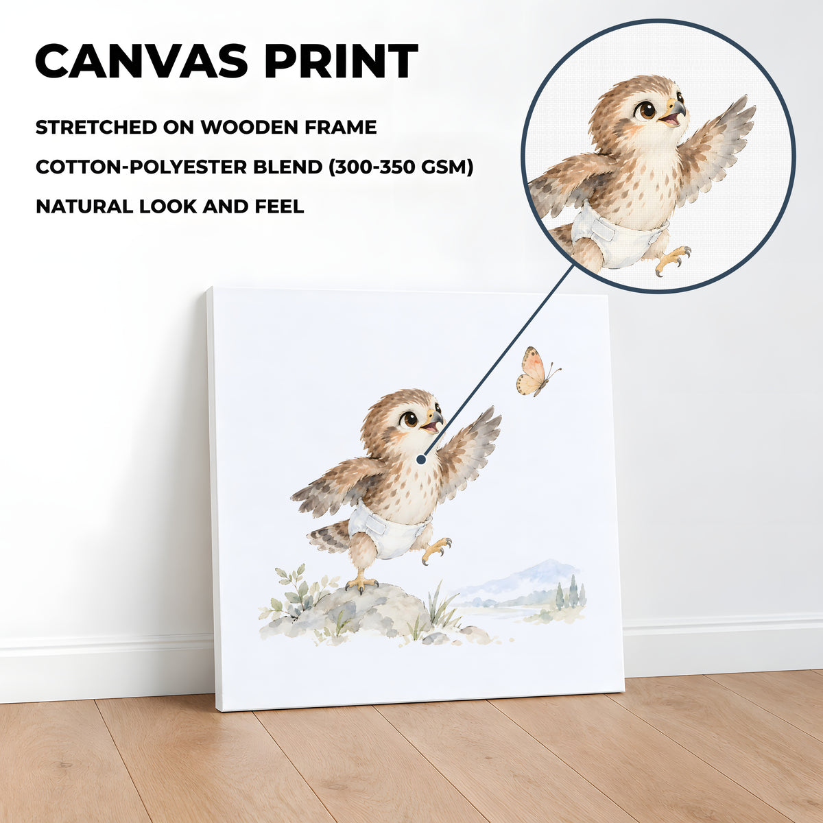 Bébé faucon en couche blanche essaie d’attraper un papillon : toile sur châssis, 40 × 40 cm, en situation