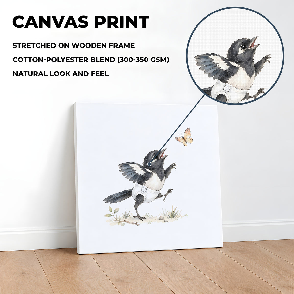 Baby Magpie in a White Diaper Chasing a Butterfly: stretched canvas, 40 × 40 cm, styled in a room