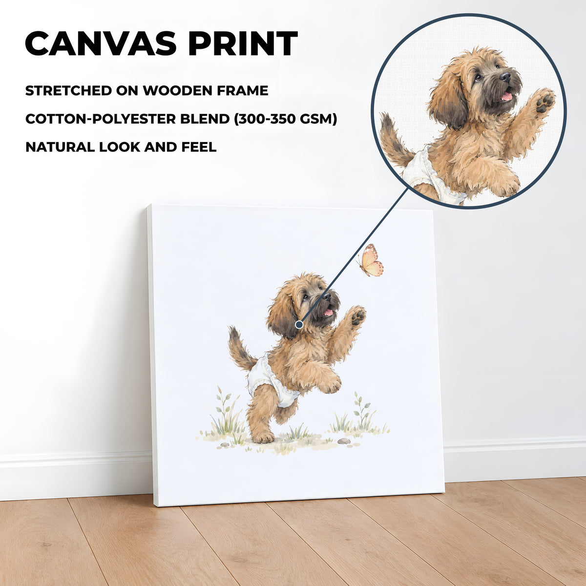 Petit briard en couche blanche cherche à attraper un papillon : toile sur châssis, 40 × 40 cm, en situation