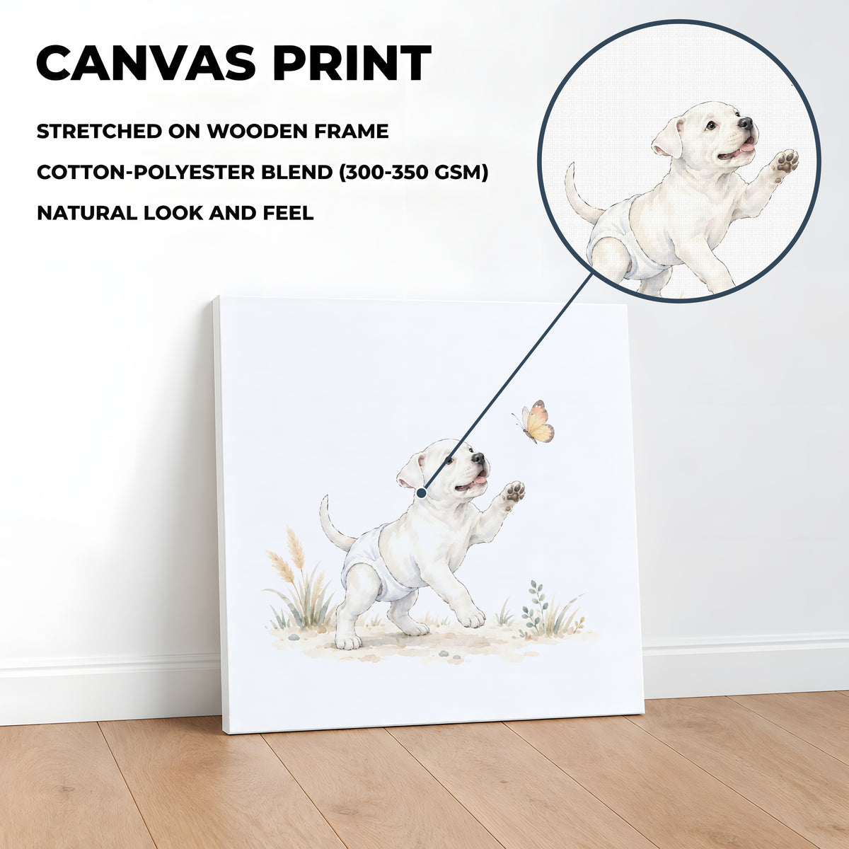 Bébé dogue argentin en couche blanche tente de saisir un papillon : toile sur châssis, 40 × 40 cm, en situation