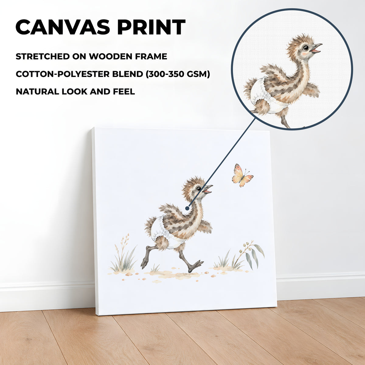 Baby Emu in a White Diaper Follows a Butterfly Through the Grass: stretched canvas, 40 × 40 cm, styled in a room