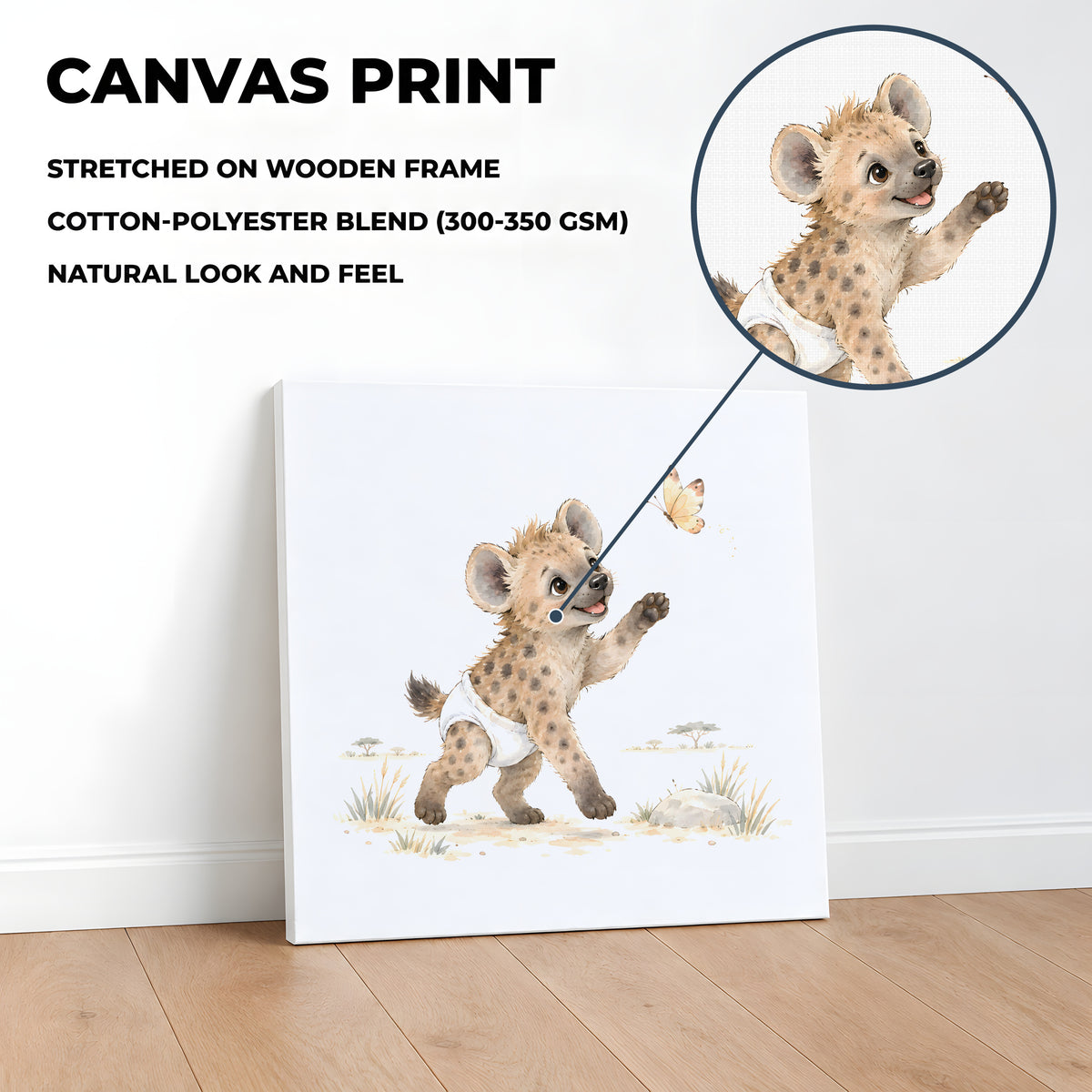 Baby Hyena in a White Diaper Tries to Catch a Butterfly: stretched canvas, 40 × 40 cm, styled in a room