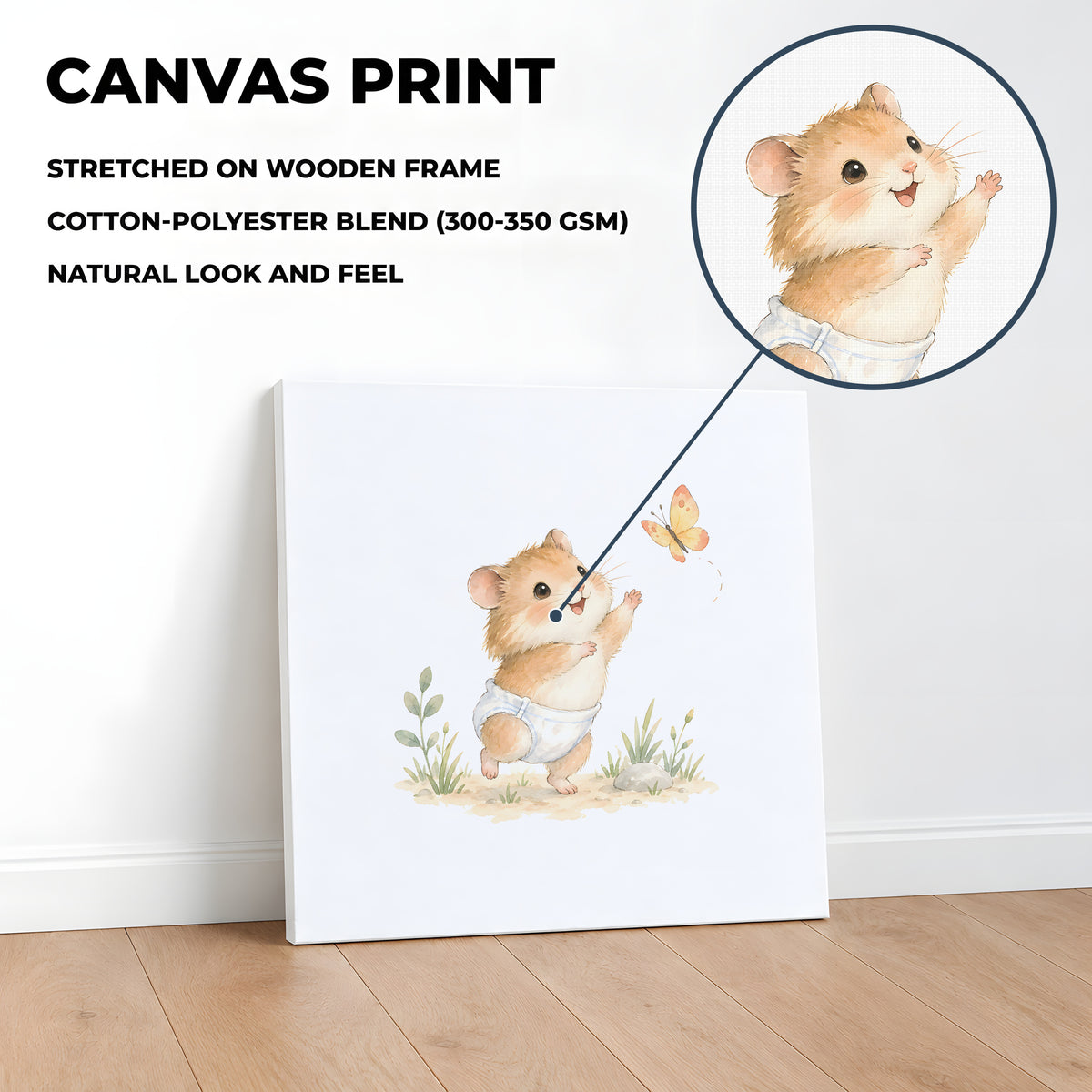 Baby Hamster Reaches for a Butterfly: stretched canvas, 40 × 40 cm, styled in a room