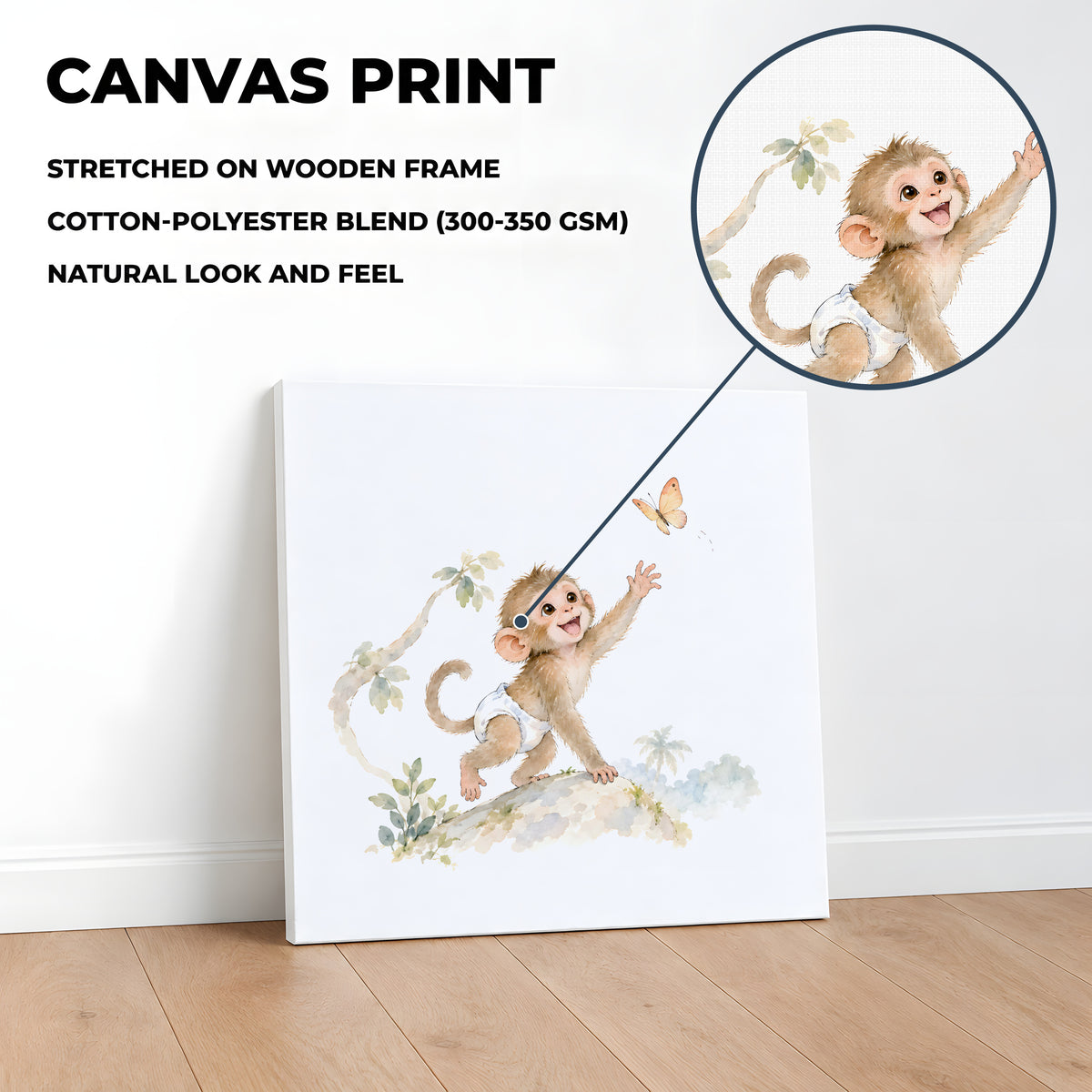 Bébé macaque en couche blanche joue à attraper un papillon : toile sur châssis, 40 × 40 cm, en situation