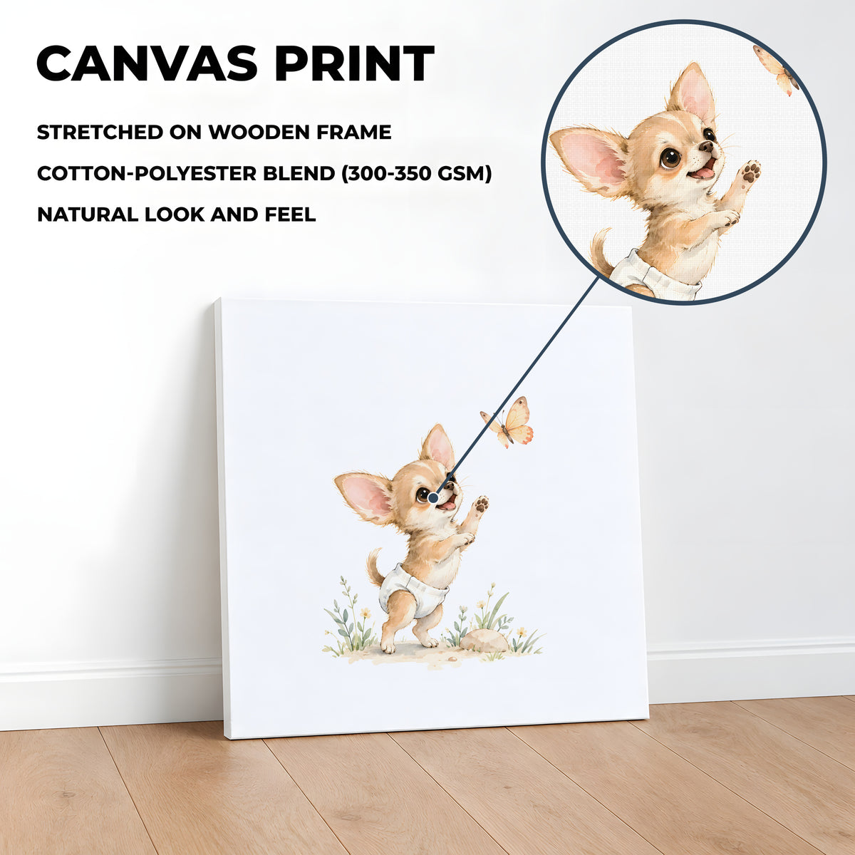 Petit chihuahua en couche blanche essaie de saisir un papillon : toile sur châssis, 40 × 40 cm, en situation