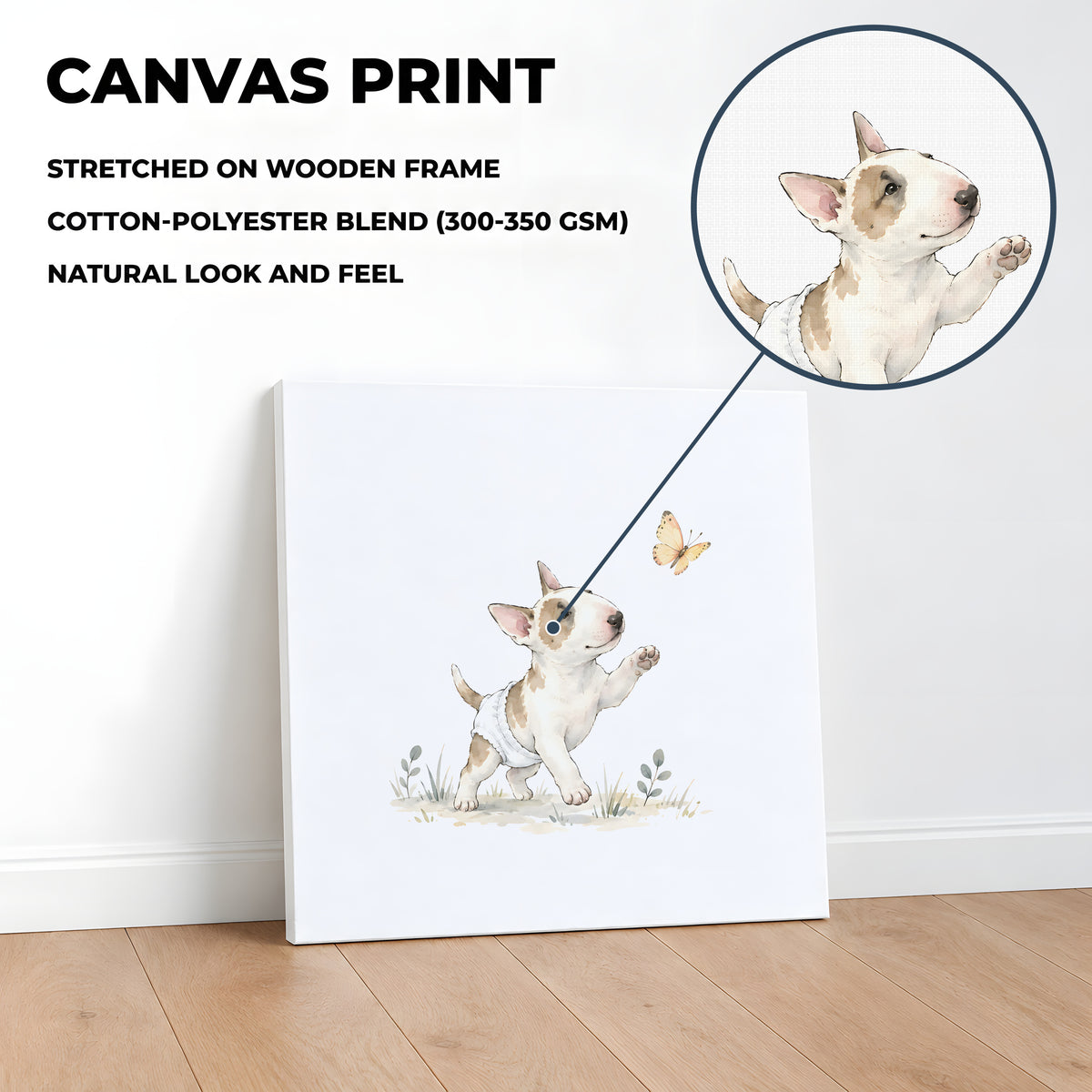 Bébé bull terrier en couche blanche essaie d’attraper un papillon : toile sur châssis, 40 × 40 cm, en situation