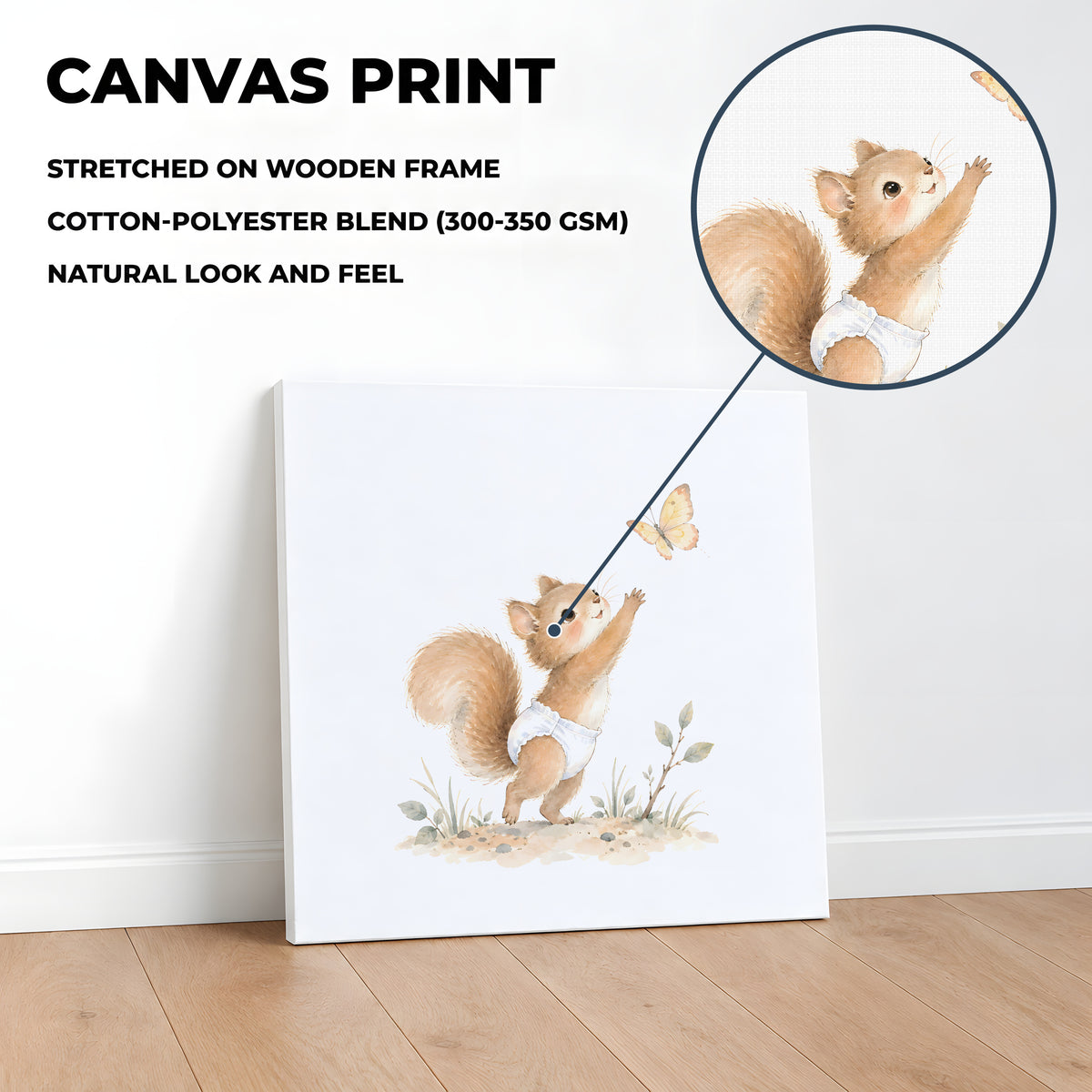 Bébé écureuil en couche blanche tente de saisir un papillon : toile sur châssis, 40 × 40 cm, en situation