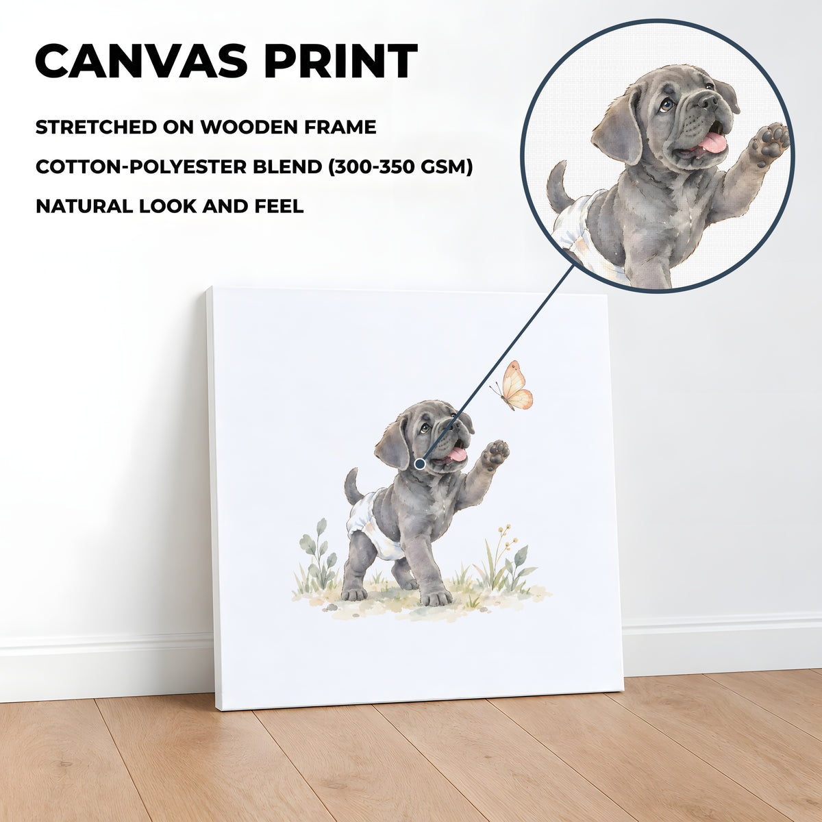 Bébé cane corso en couche blanche essaie d’attraper un papillon : toile sur châssis, 40 × 40 cm, en situation