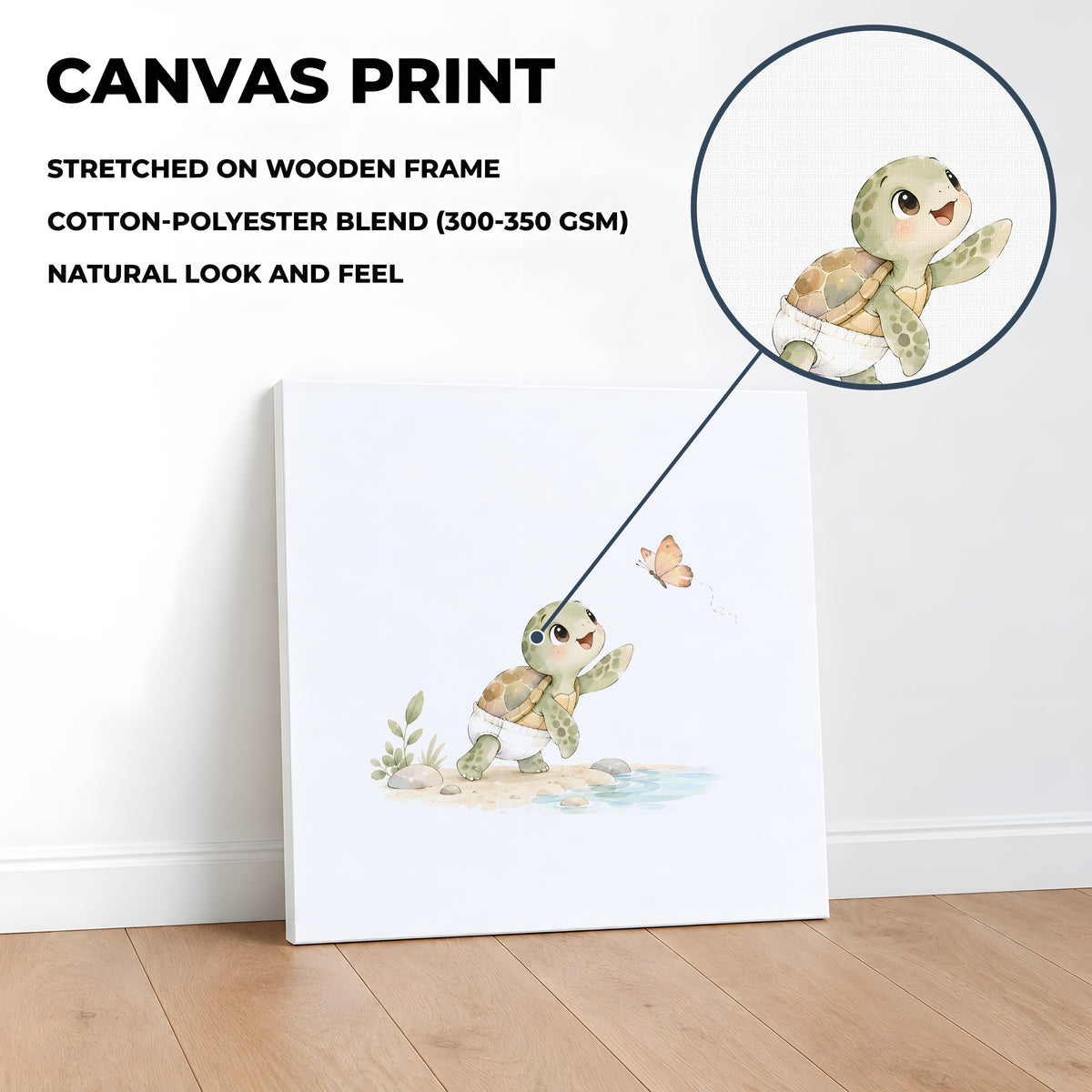 Bébé tortue tend les pattes vers un papillon au bord de l’eau : toile sur châssis, 40 × 40 cm, en situation
