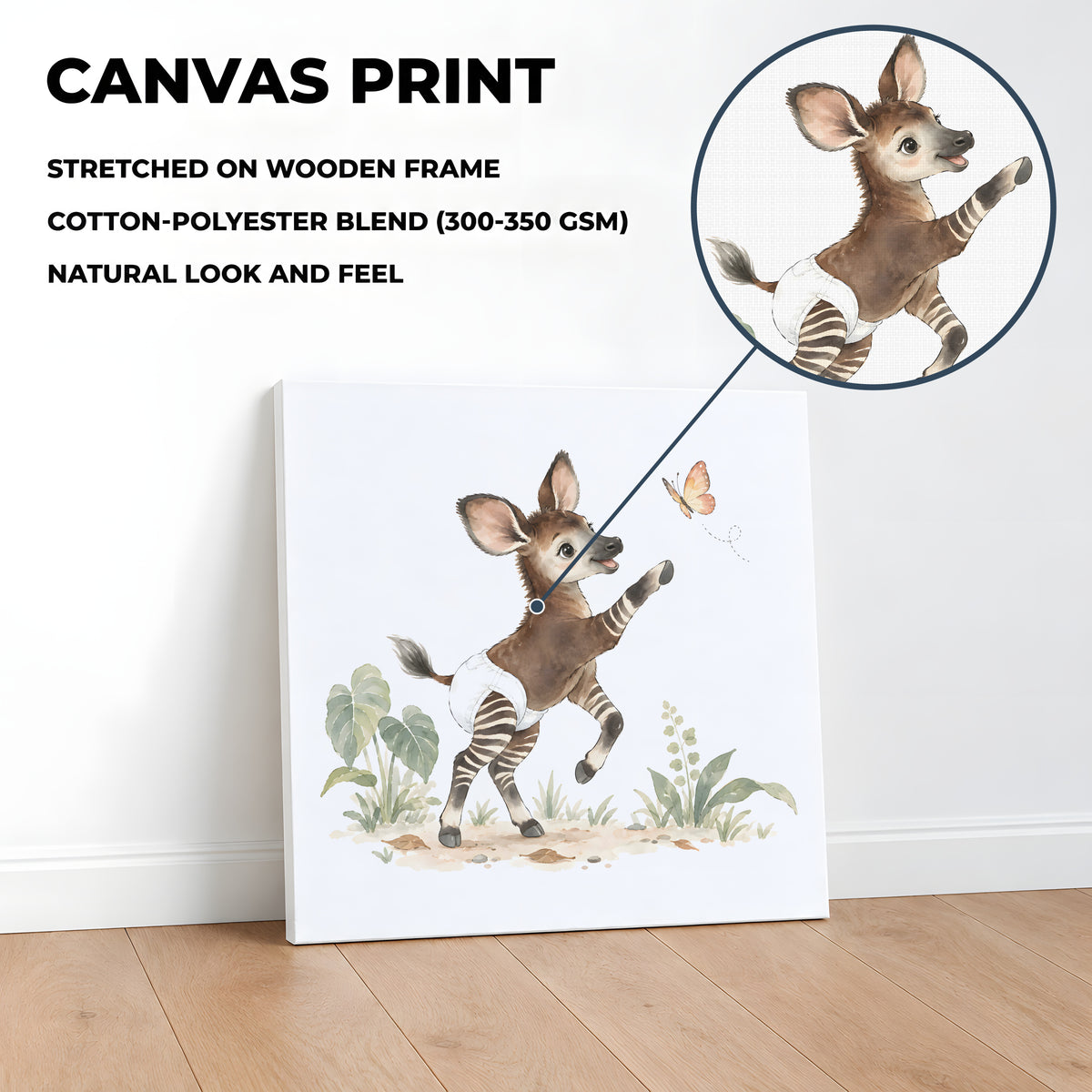 Bébé okapi en couche blanche tend le sabot vers un papillon : toile sur châssis, 40 × 40 cm, en situation