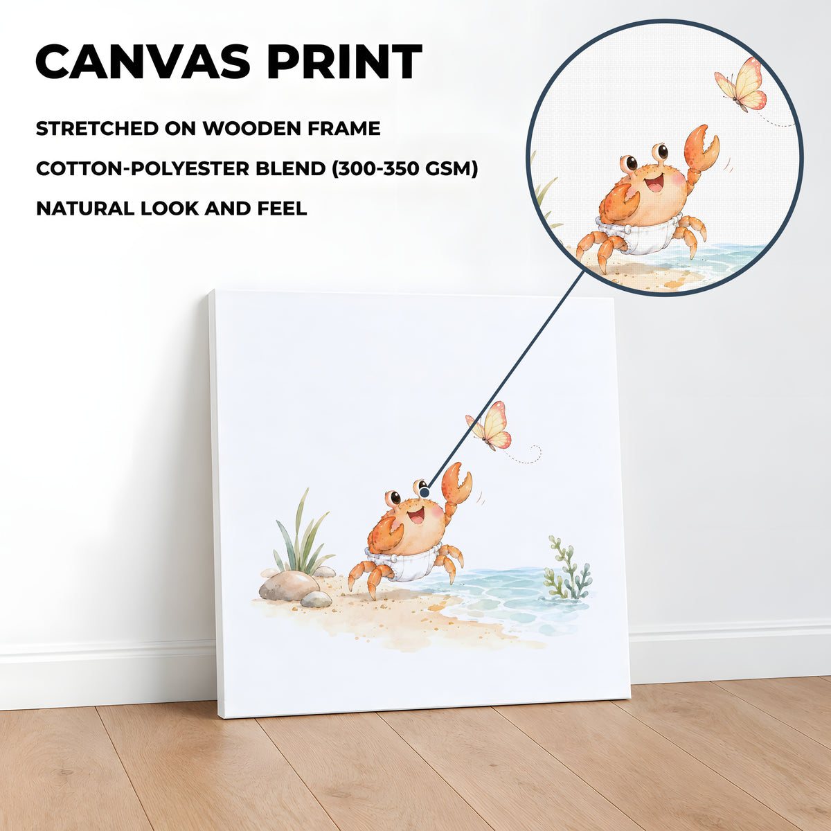 Bébé crabe en couche blanche lève ses pinces vers un papillon : toile sur châssis, 40 × 40 cm, en situation