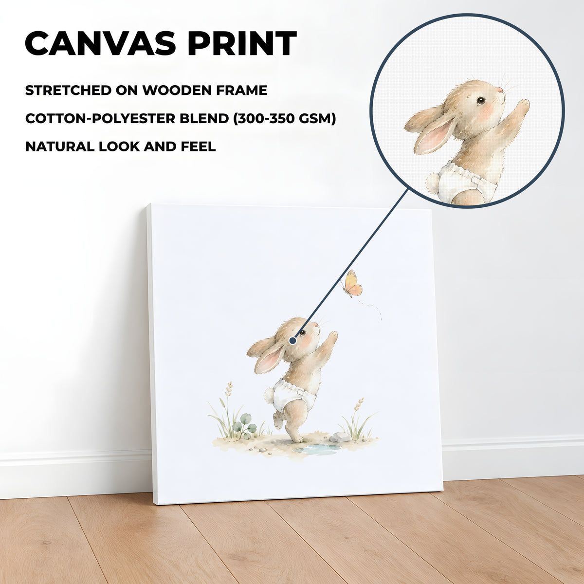 Bébé lapin en couche blanche tend les pattes vers un papillon : toile sur châssis, 40 × 40 cm, en situation