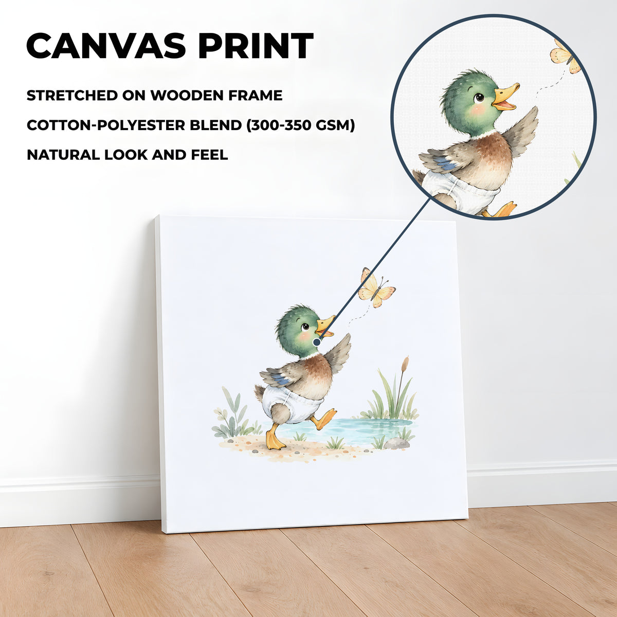 Bébé canard tend les ailes vers un papillon au bord de l’eau : toile sur châssis, 40 × 40 cm, en situation
