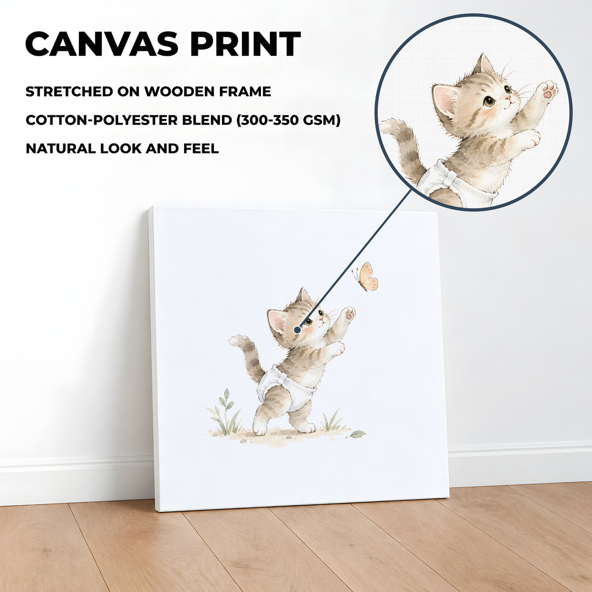 Chaton en couche blanche à la chasse au papillon : toile sur châssis, 40 × 40 cm, en situation