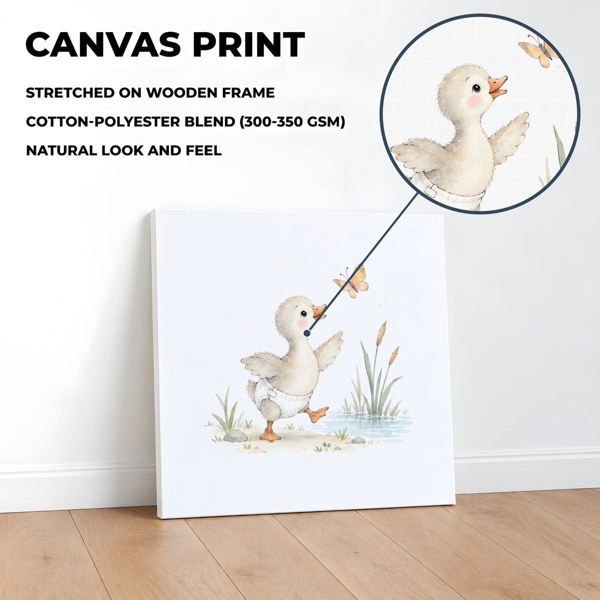 Petit oison en couche blanche tente d’attraper un papillon : toile sur châssis, 40 × 40 cm, en situation