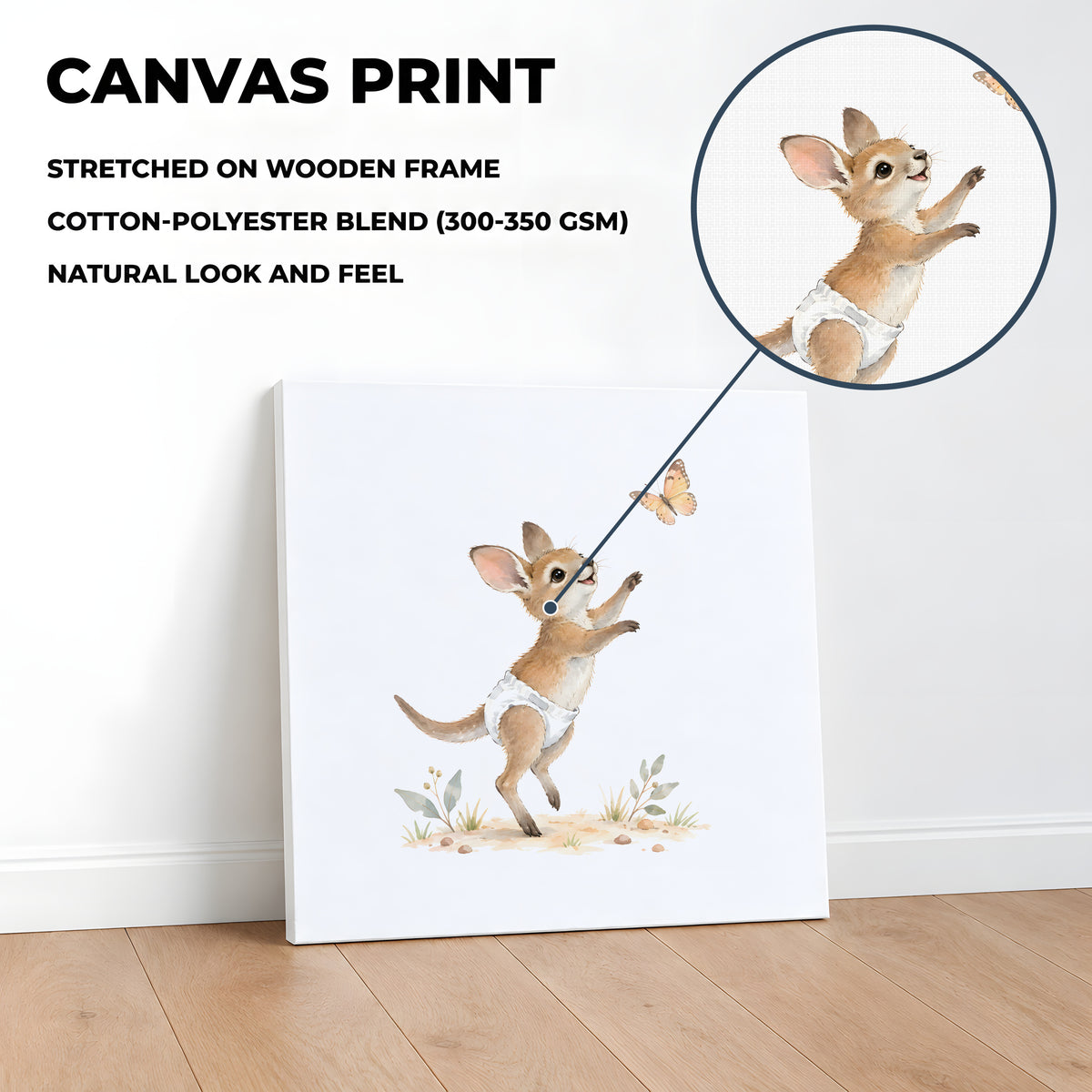 Bébé wallaby en couche blanche tend les pattes vers un papillon : toile sur châssis, 40 × 40 cm, en situation