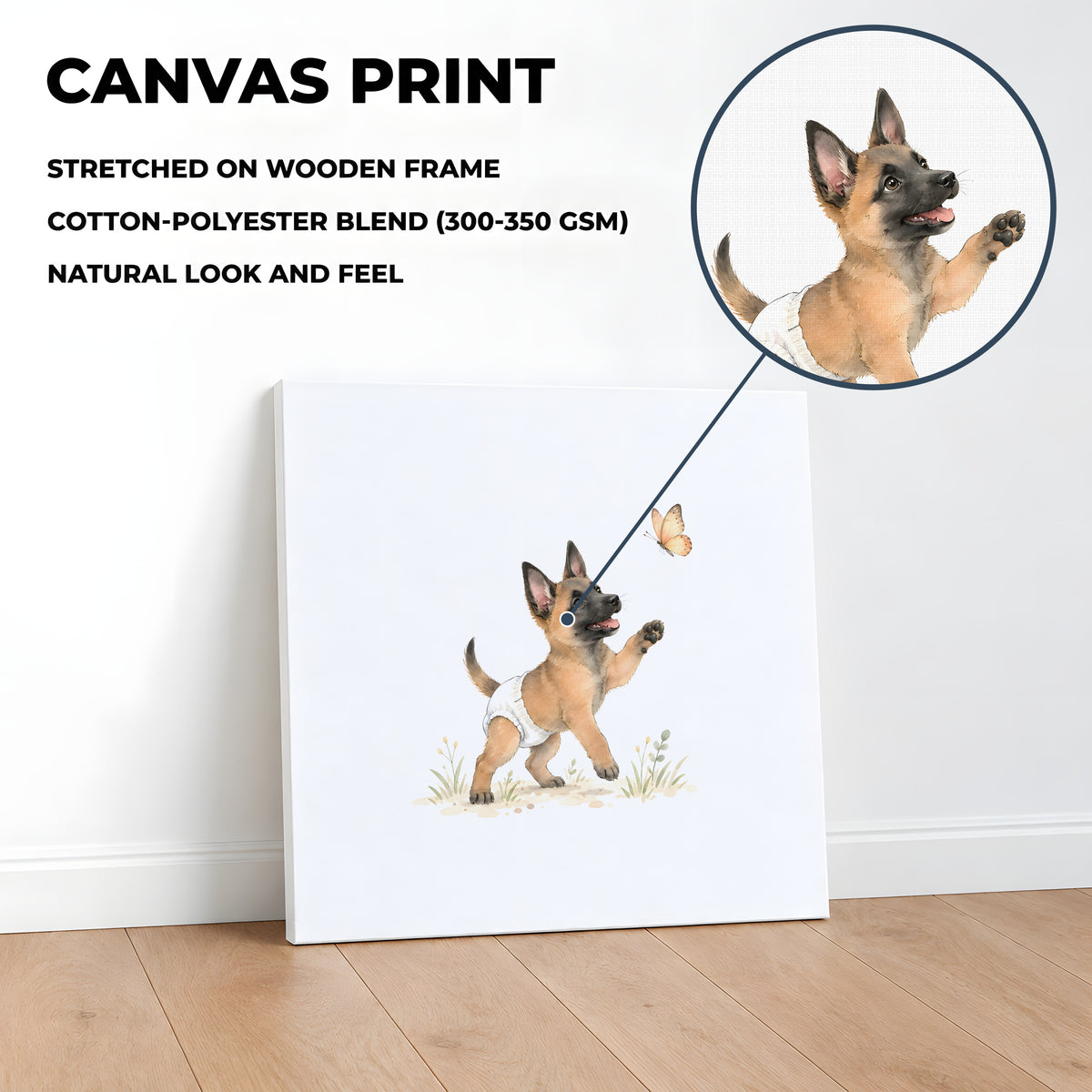 Chiot malinois en couche blanche bondit pour attraper un papillon : toile sur châssis, 40 × 40 cm, en situation