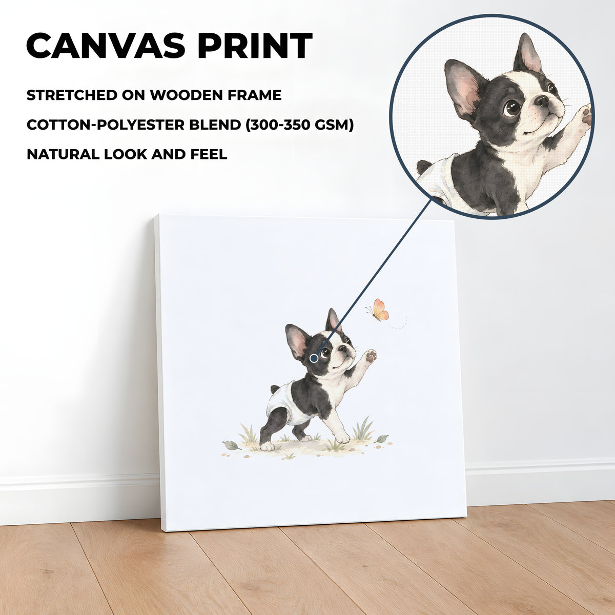 Bébé boston terrier en couche blanche essaie d’attraper un papillon : toile sur châssis, 40 × 40 cm, en situation