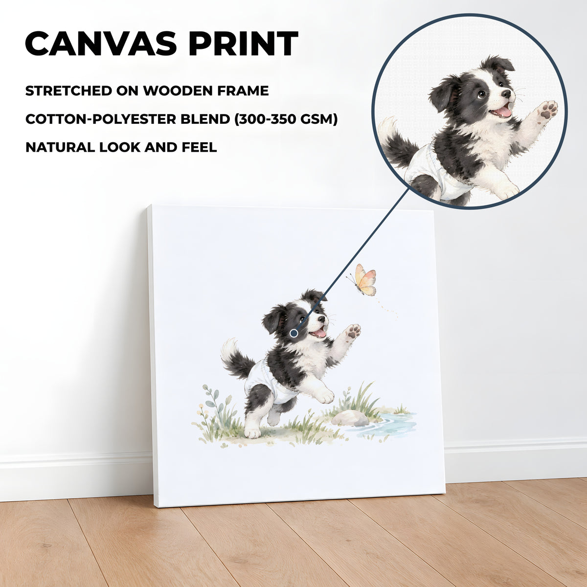 Bébé border collie en couche blanche essaie de rejoindre un papillon : toile sur châssis, 40 × 40 cm, en situation