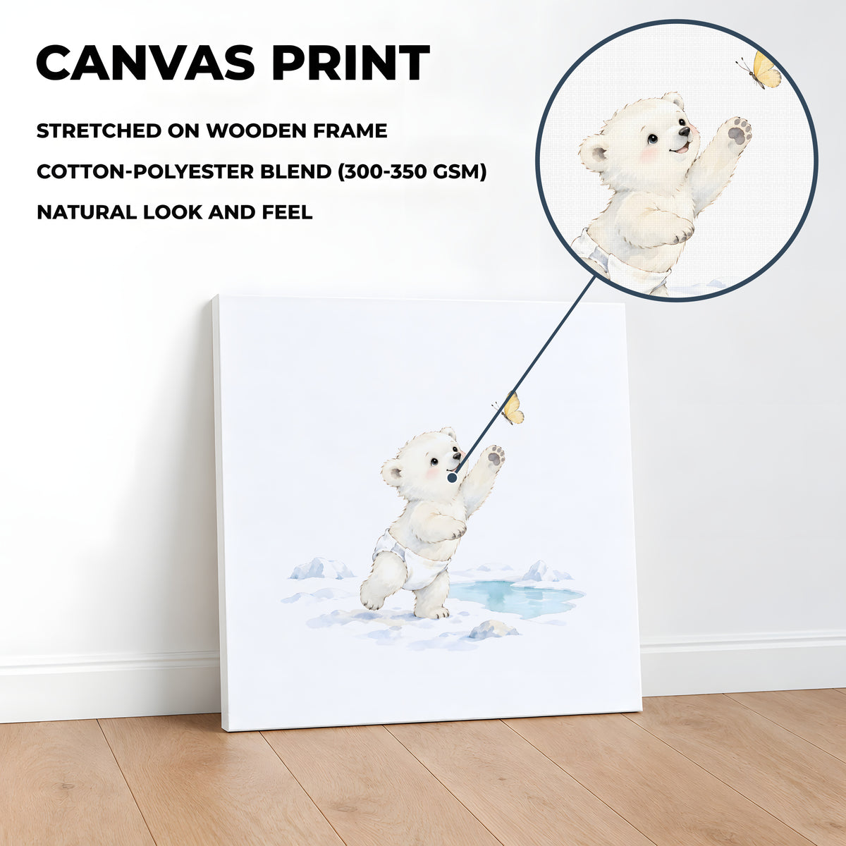 Bébé ours polaire en couche blanche à la chasse au papillon : toile sur châssis, 40 × 40 cm, en situation