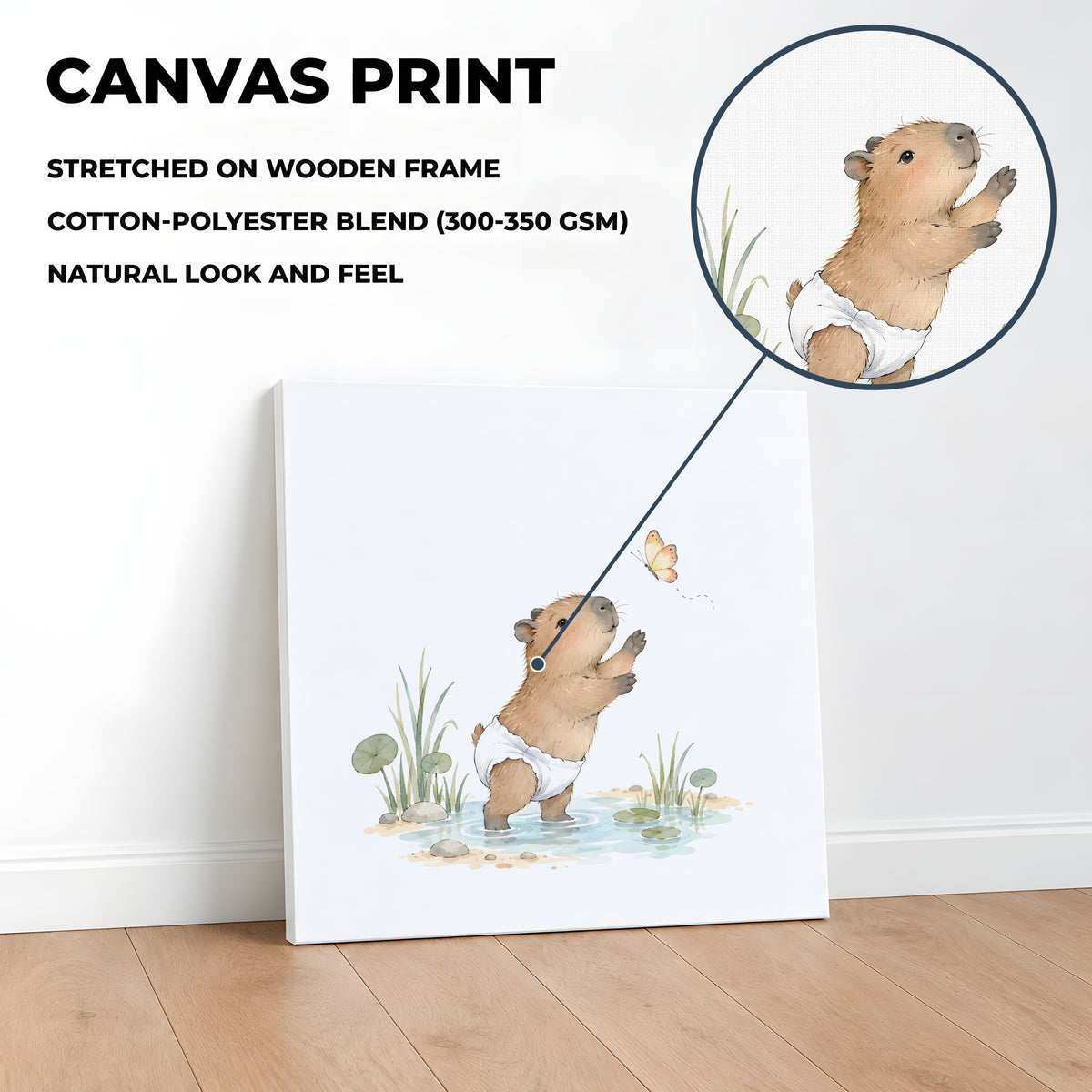 Bébé capybara au bord de l’eau tente d’attraper un papillon : toile sur châssis, 40 × 40 cm, en situation