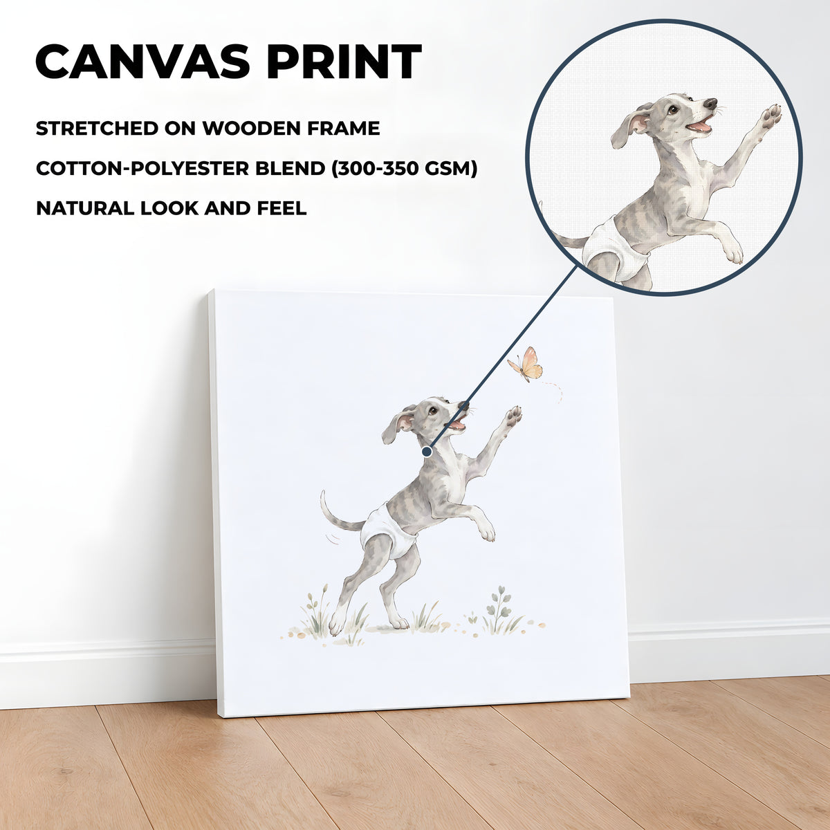 Bébé lévrier en couche blanche tend la patte vers un papillon : toile sur châssis, 40 × 40 cm, en situation