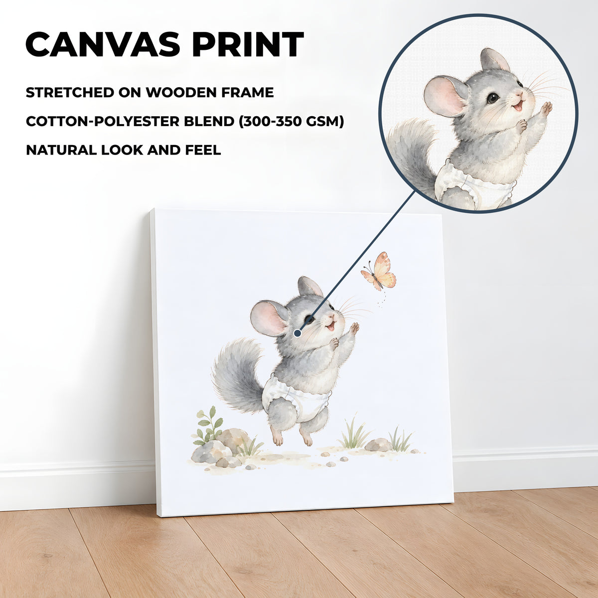 Baby Chinchilla in a White Diaper Reaches for a Butterfly: stretched canvas, 40 × 40 cm, styled in a room
