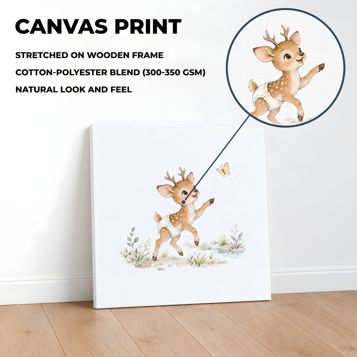 Bébé cerf en couche blanche poursuit un papillon dans les bois : toile sur châssis, 40 × 40 cm, en situation
