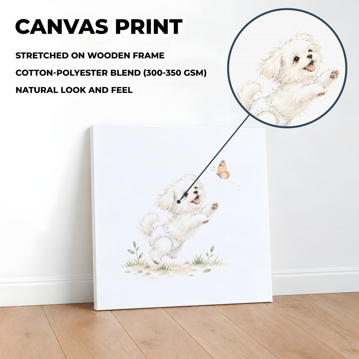 Bébé bichon maltais en couche blanche tend les pattes vers un papillon : toile sur châssis, 40 × 40 cm, en situation