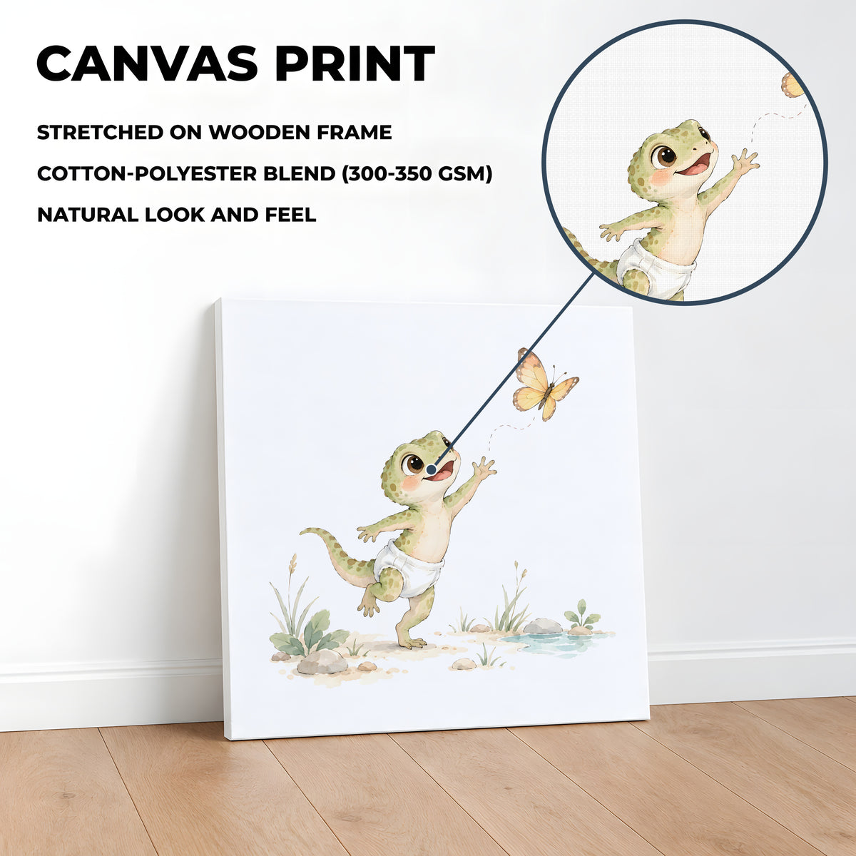 Bébé lézard en couche blanche essaie d’attraper un papillon : toile sur châssis, 40 × 40 cm, en situation