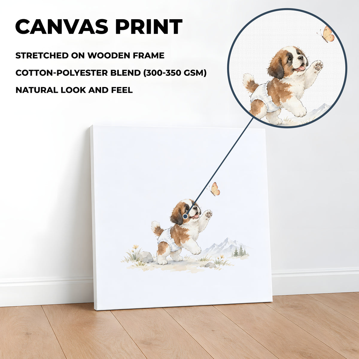 Bébé saint-bernard en couche blanche tente de saisir un papillon : toile sur châssis, 40 × 40 cm, en situation