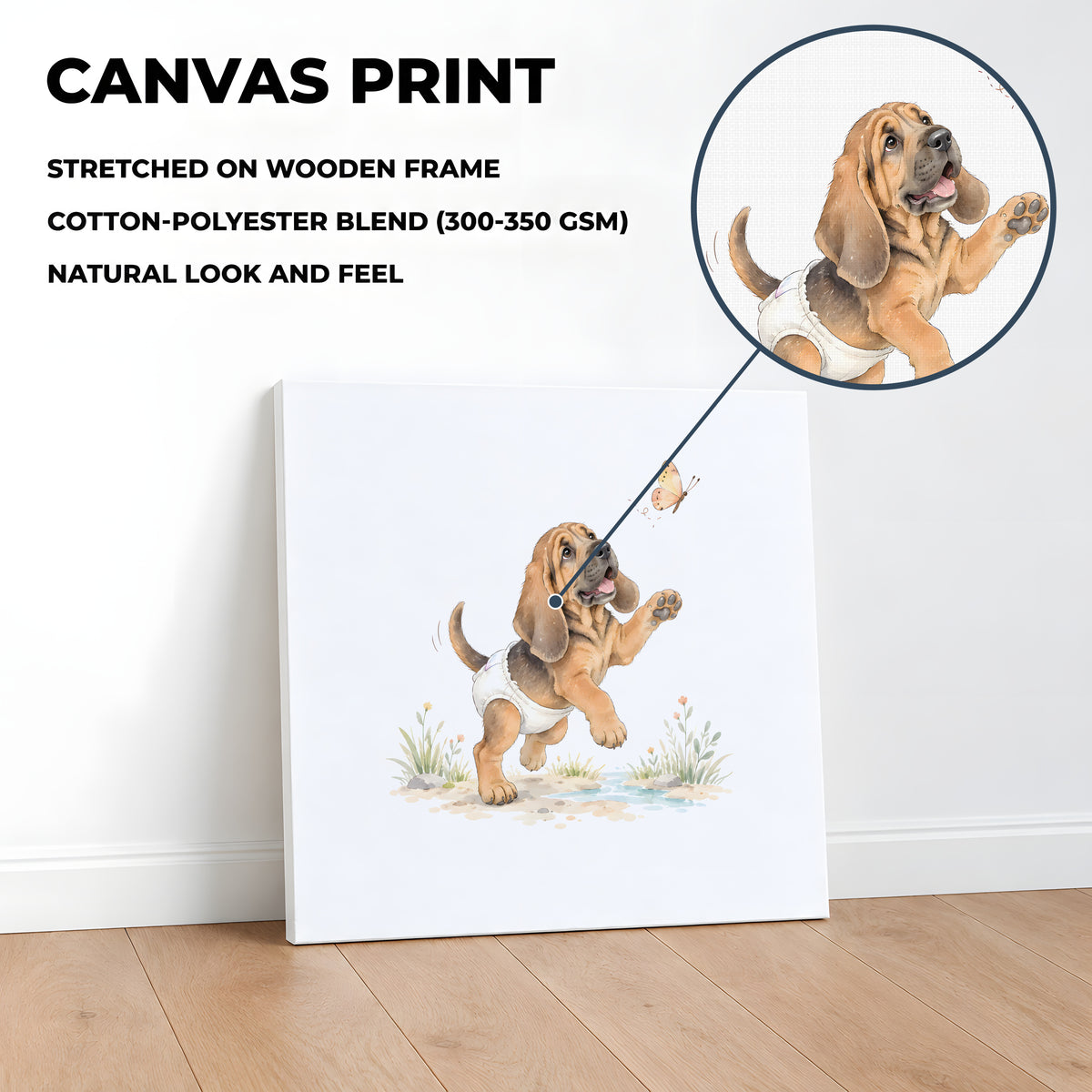 Chiot saint-hubert aux longues oreilles essaie d’attraper un papillon : toile sur châssis, 40 × 40 cm, en situation