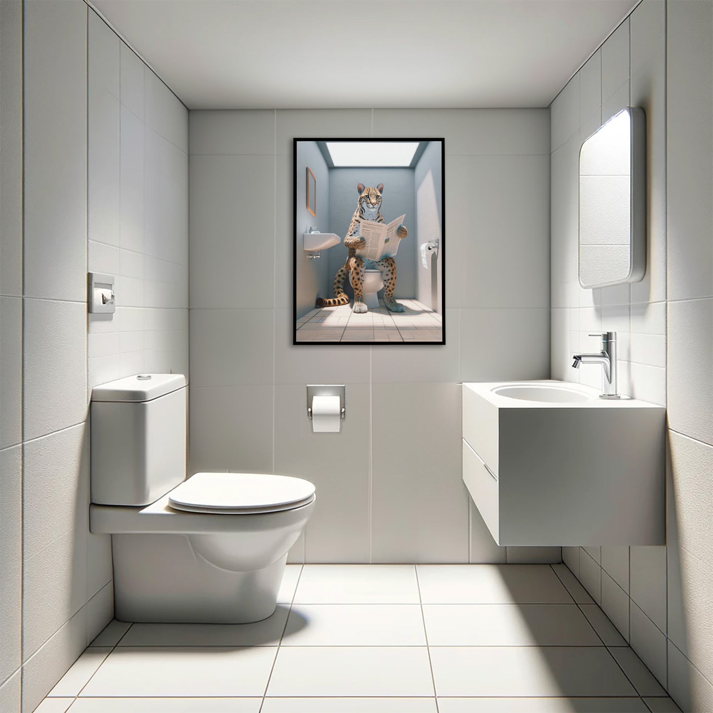 Ocelot reading the newspaper poster in a black frame above a wall-hung toilet in a gray tiled restroom