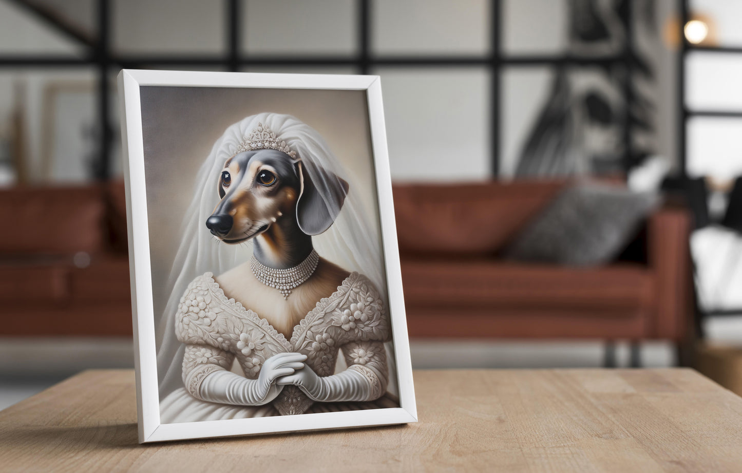 Poster teckel en robe de mariée, cadre blanc posé sur une table en bois devant un salon flou