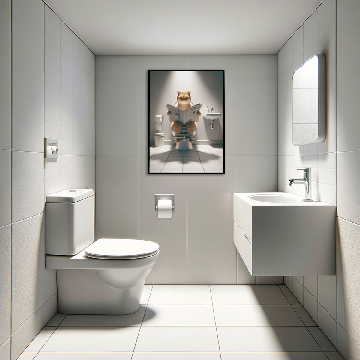 Golden shaded British Shorthair cat reading the newspaper poster above a toilet in a white tiled restroom, black frame