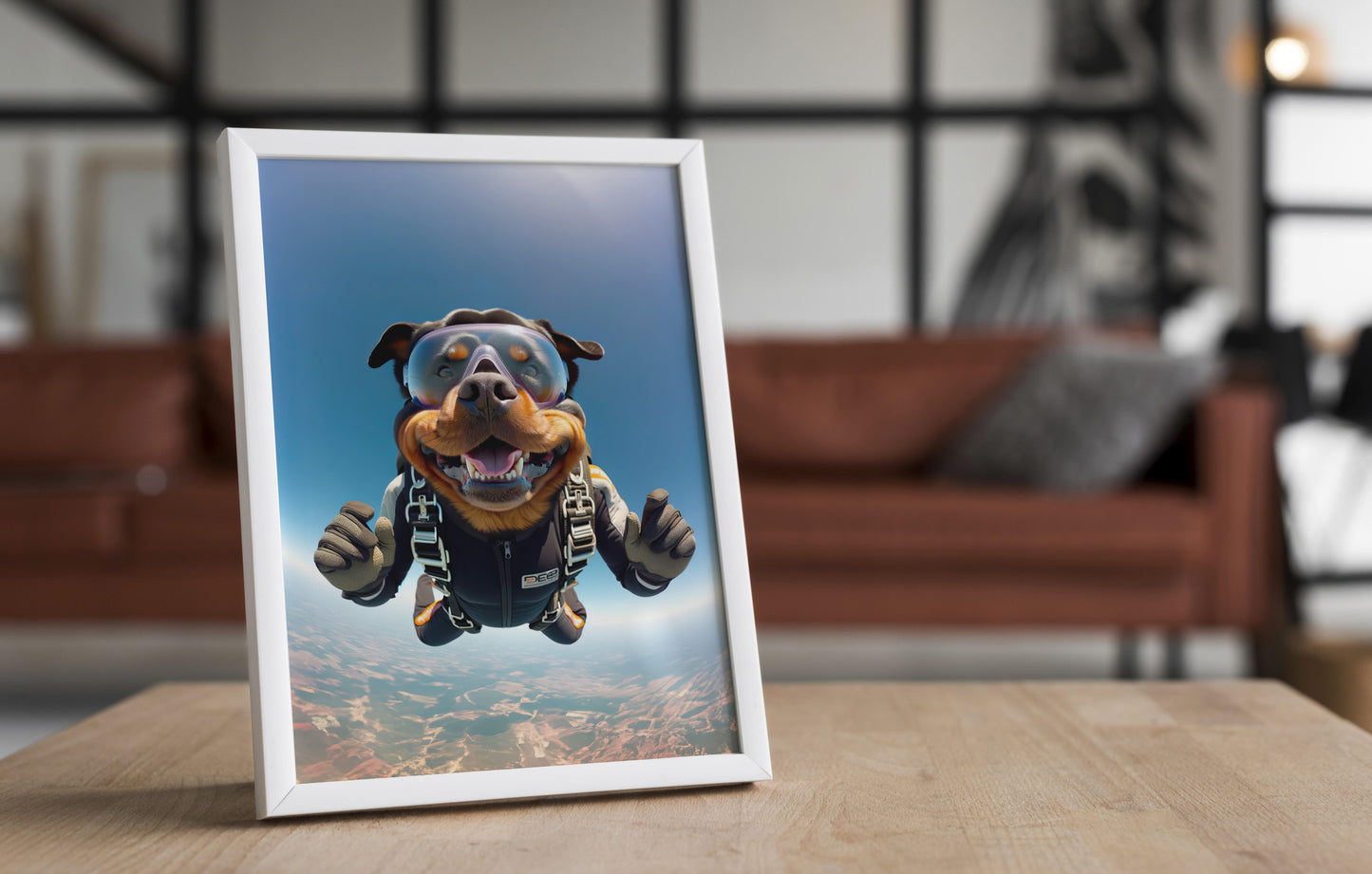 Affiche Rottweiler en chute libre en cadre blanc sur une table en bois devant un canapé en cuir