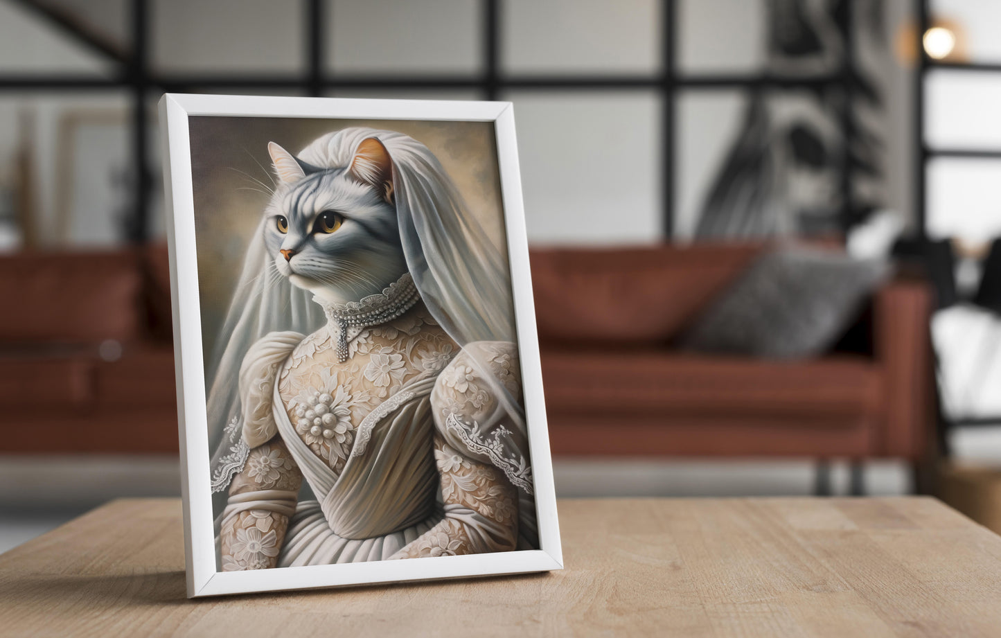 Cat in wedding dress poster in a white frame on a wooden table, blurred living room behind