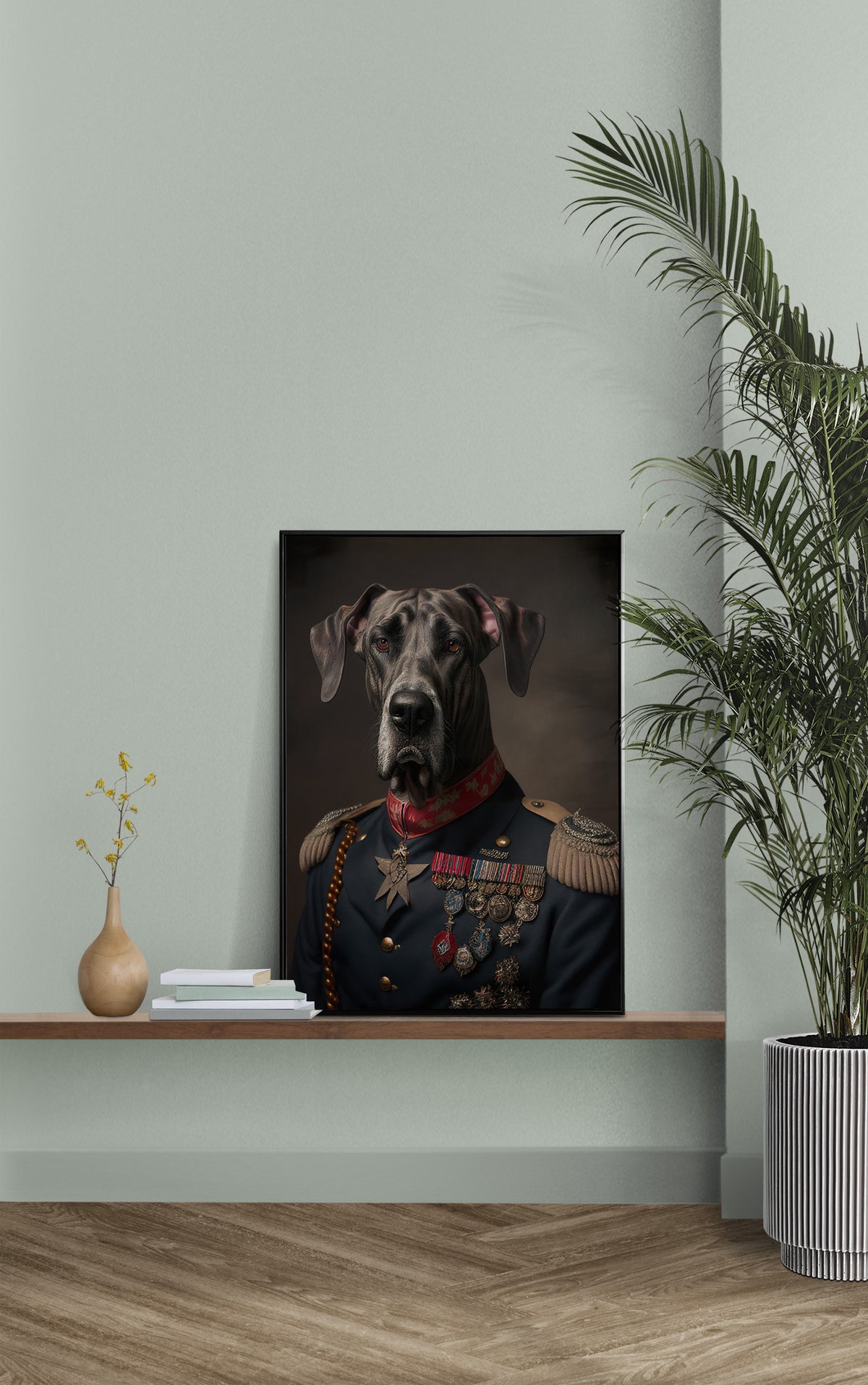 Great Dane in military uniform poster on a wall shelf against a sage green wall with a palm