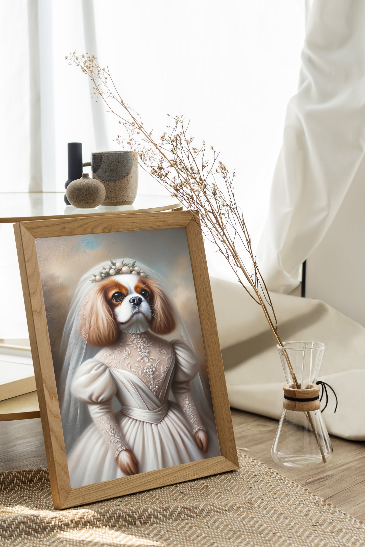 Poster Cavalier King Charles mariée, cadre bois clair posé au sol près d'une fenêtre, fleurs séchées