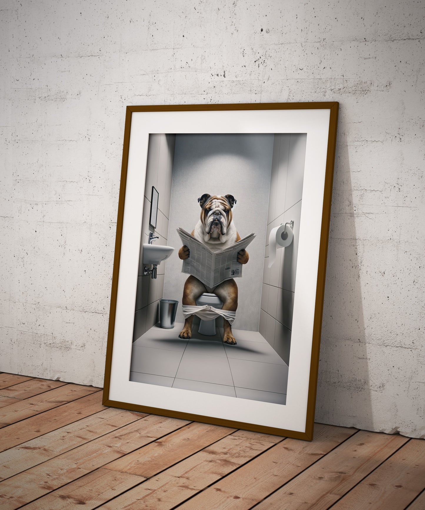 Poster Bulldog anglais lisant le journal, Décoration drôle WC, Cadre déco Salle de bain, Cadeau amusant Toilettes