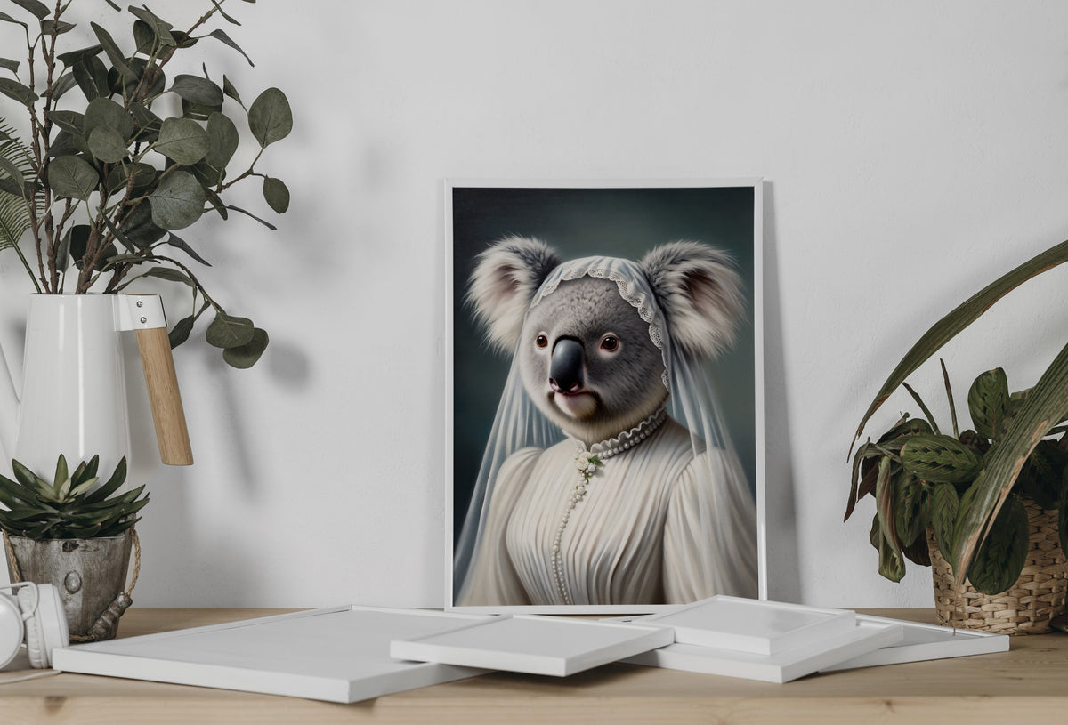 Koala in wedding dress poster leaning on a console between eucalyptus and a potted plant