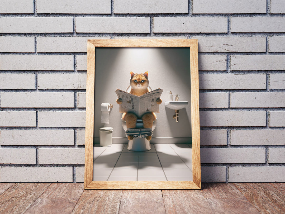 Golden shaded British Shorthair cat reading the newspaper poster, natural wood frame leaning on a white brick wall