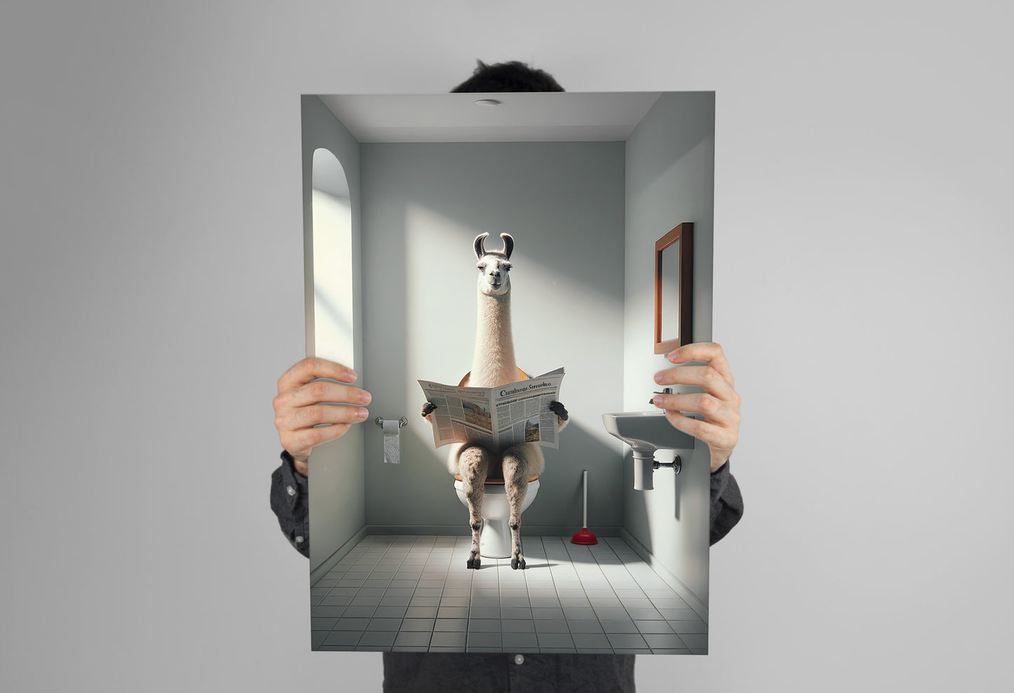 Poster lama lisant le journal tenu à deux mains devant un fond gris
