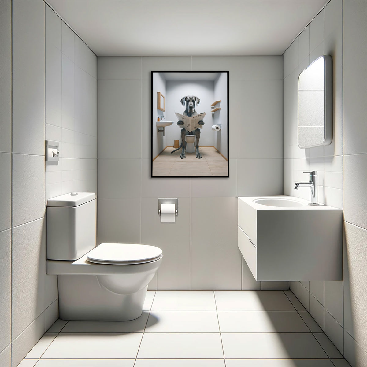 Poster dogue allemand lisant le journal en cadre noir au-dessus d'un WC suspendu, toilettes carrelées