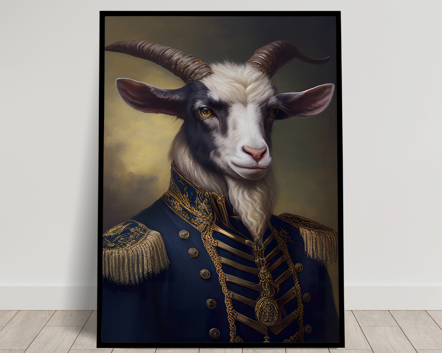 Portrait of a goat with curved horns in a navy blue uniform with gold epaulettes, Balthazart Studio poster