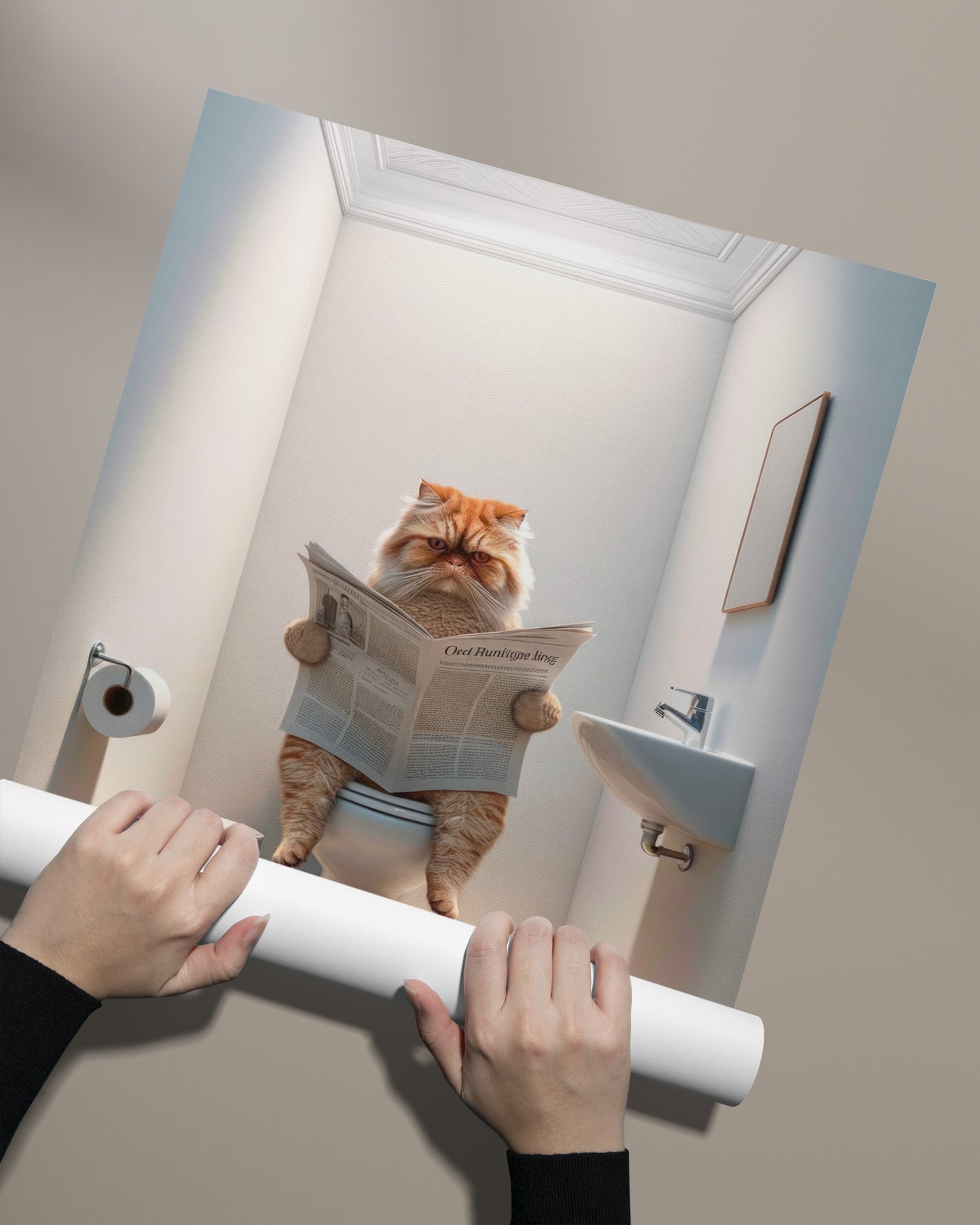 Affiche Murale Humour : Chat Persan Tigré Roux aux Toilettes, Déco WC & Salle de Bain, Idée Cadeau Chat Amusant