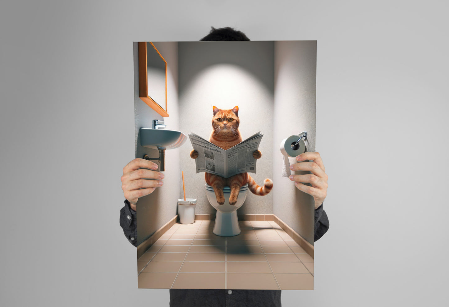 Affiche Murale Chat Roux British Shorthair sur Toilettes - Déco Humour WC & Salle de Bain, Idée Cadeau Fun