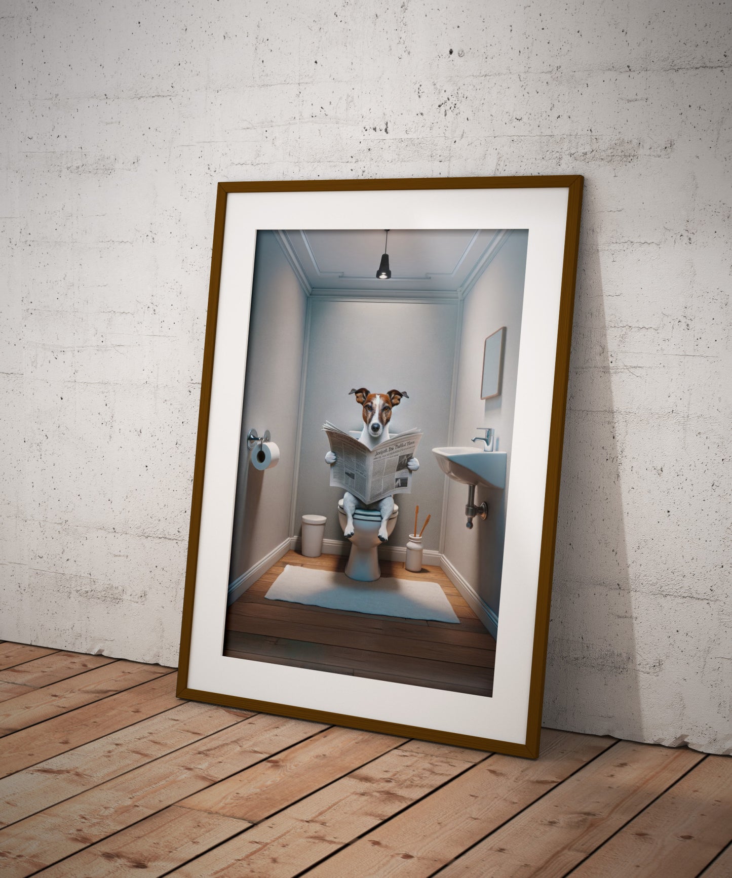 Poster Jack Russell Terrier lisant le journal sur toilettes, Décoration WC humoristique, Cadre salle de bain, Cadeau drôle