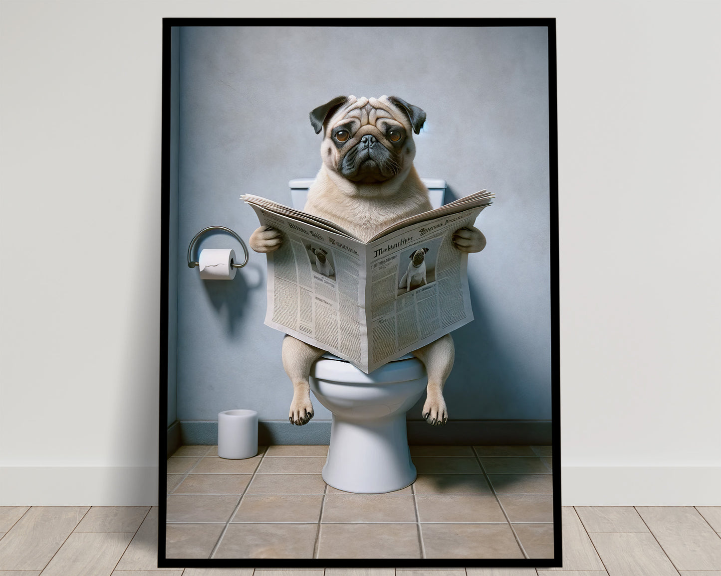Carlin lisant le journal assis sur les toilettes, mur bleu poudré et sol carrelé beige, poster Balthazart Studio
