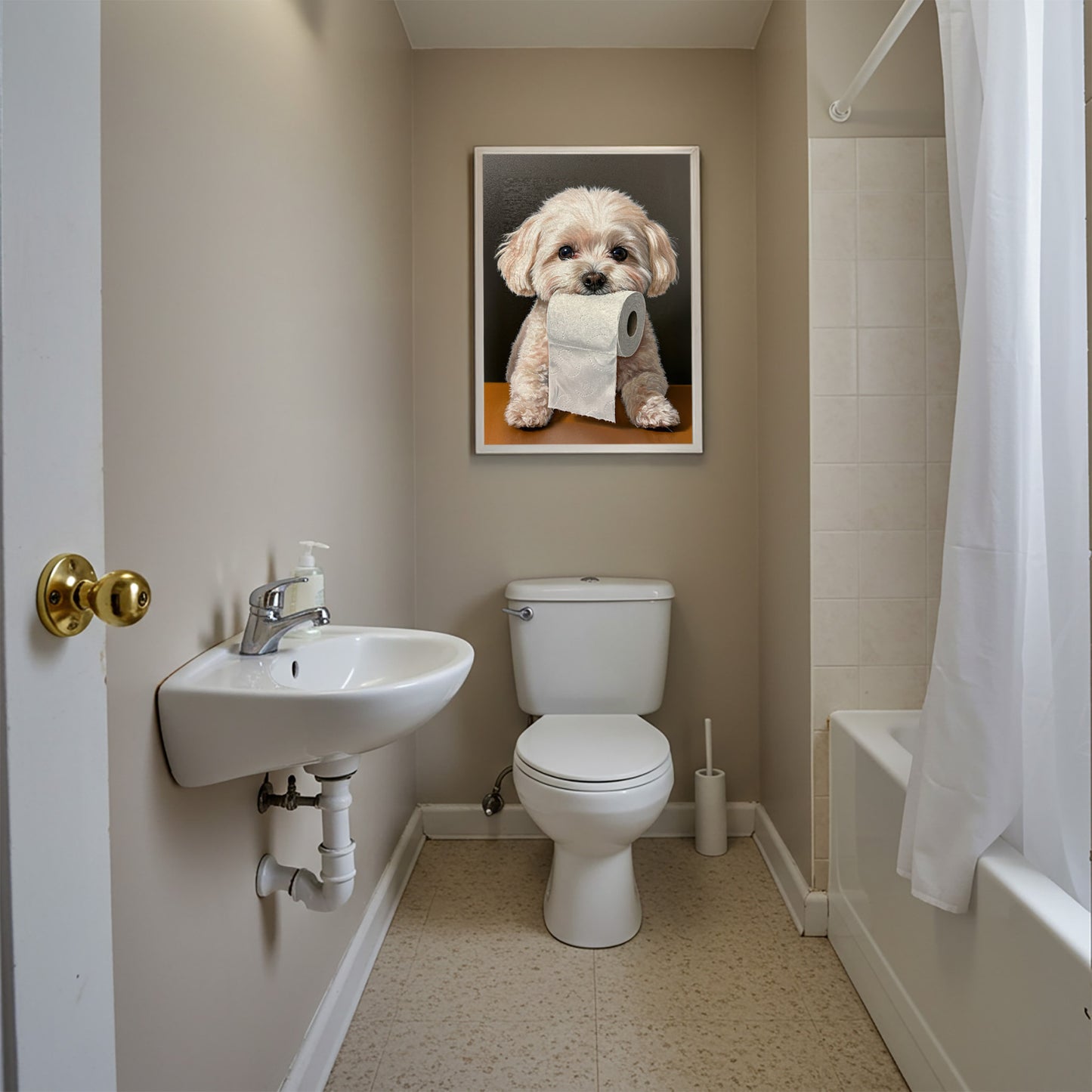 Poster Chien Bichon Frisé Humour Toilette – Décoration Murale WC, Cadeau Original, Affiche Encadrée, Idée Déco Animaux